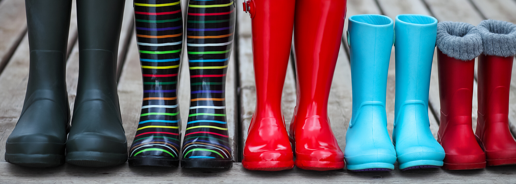 a lineup of family rubber boots, tallest to shortest