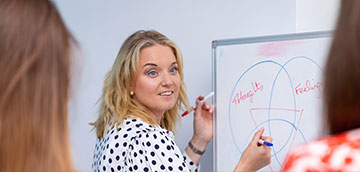 banner of woman at whiteboard