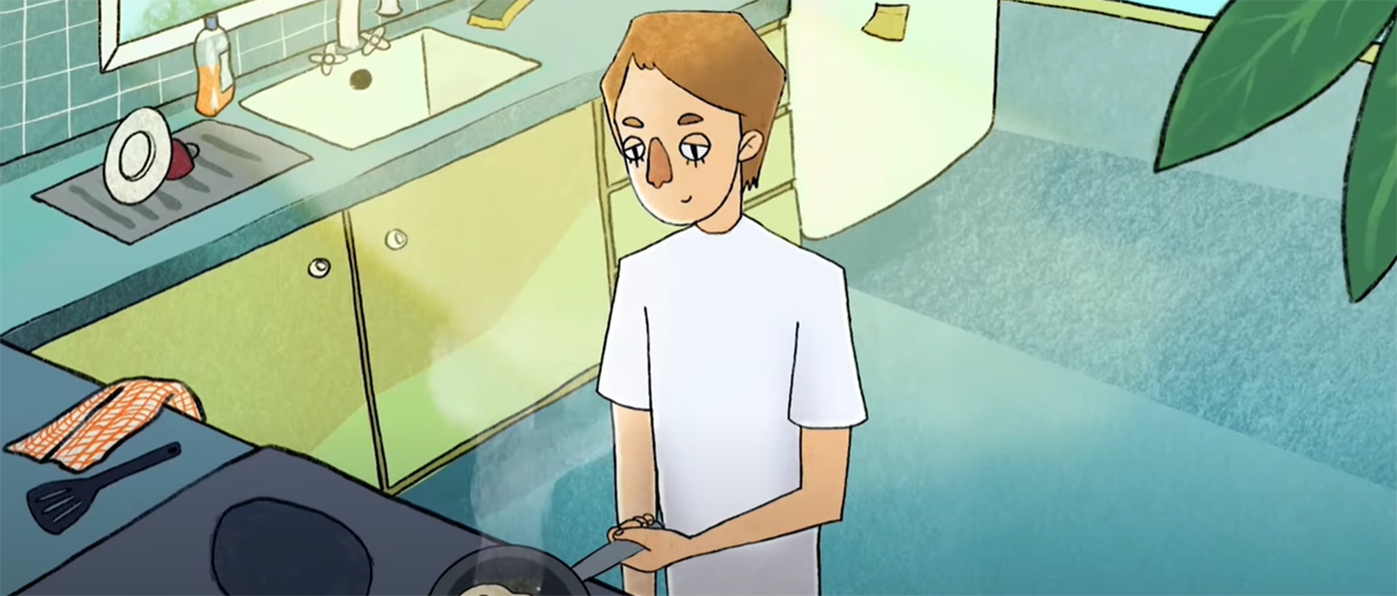 an animation still of a boy in a kitchen about to fry an egg