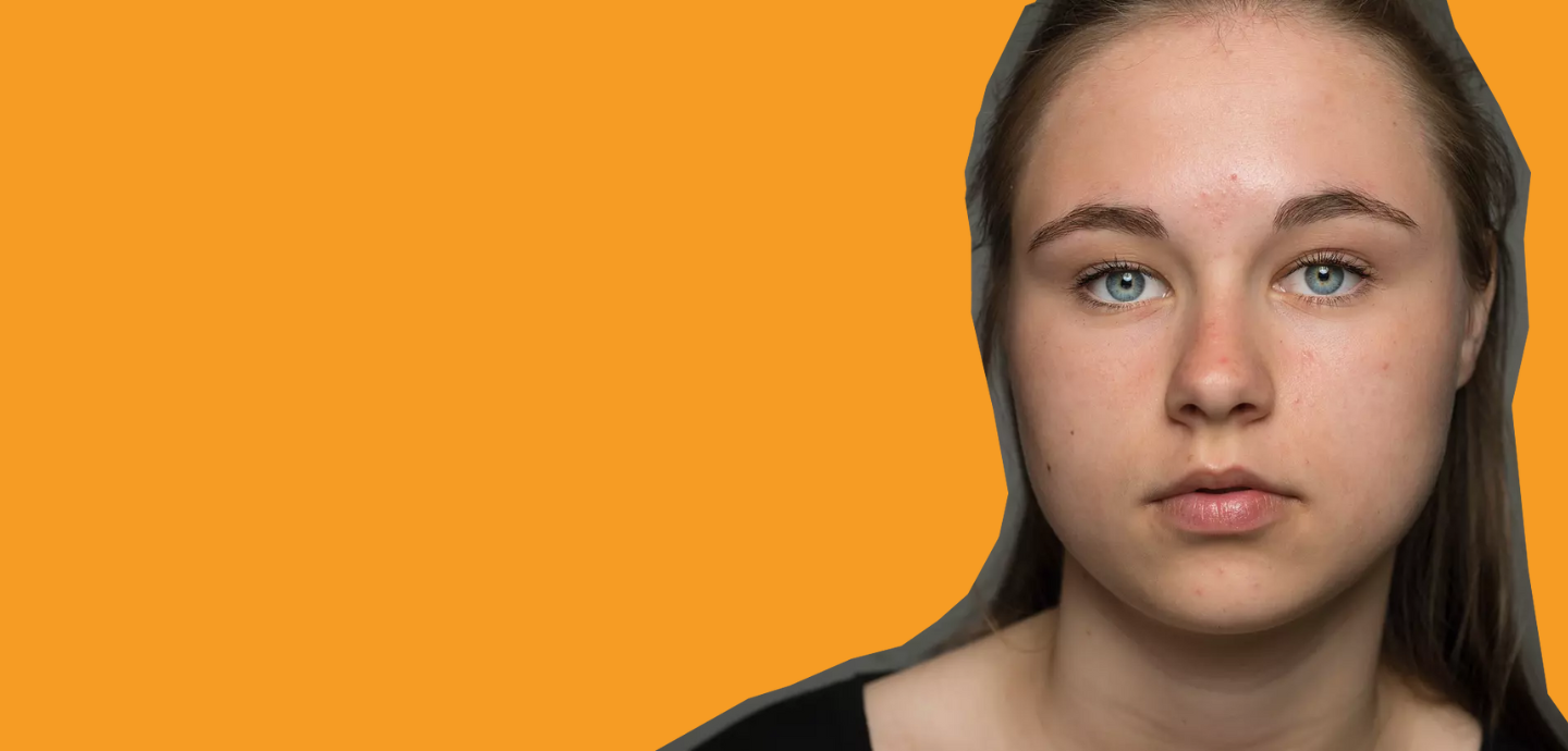 young woman look straight to camera orange background banner